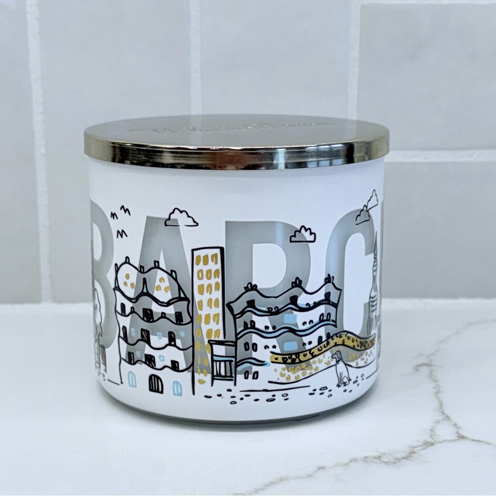 Bath & Body Works White Candle with Cityscape Design
